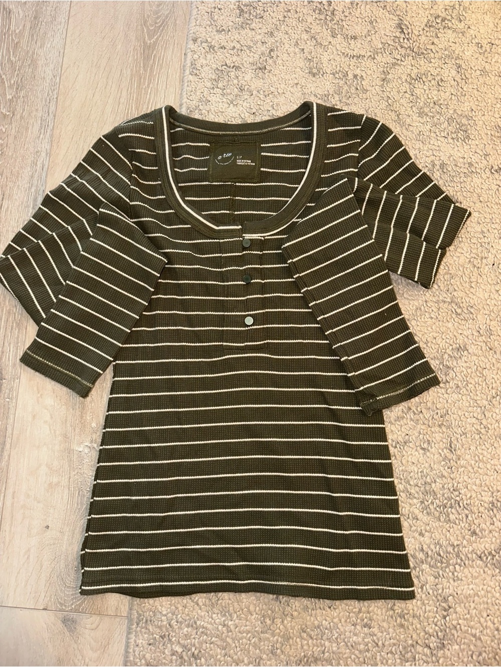 aerie Olive and White Striped Scoop Neck Button Top